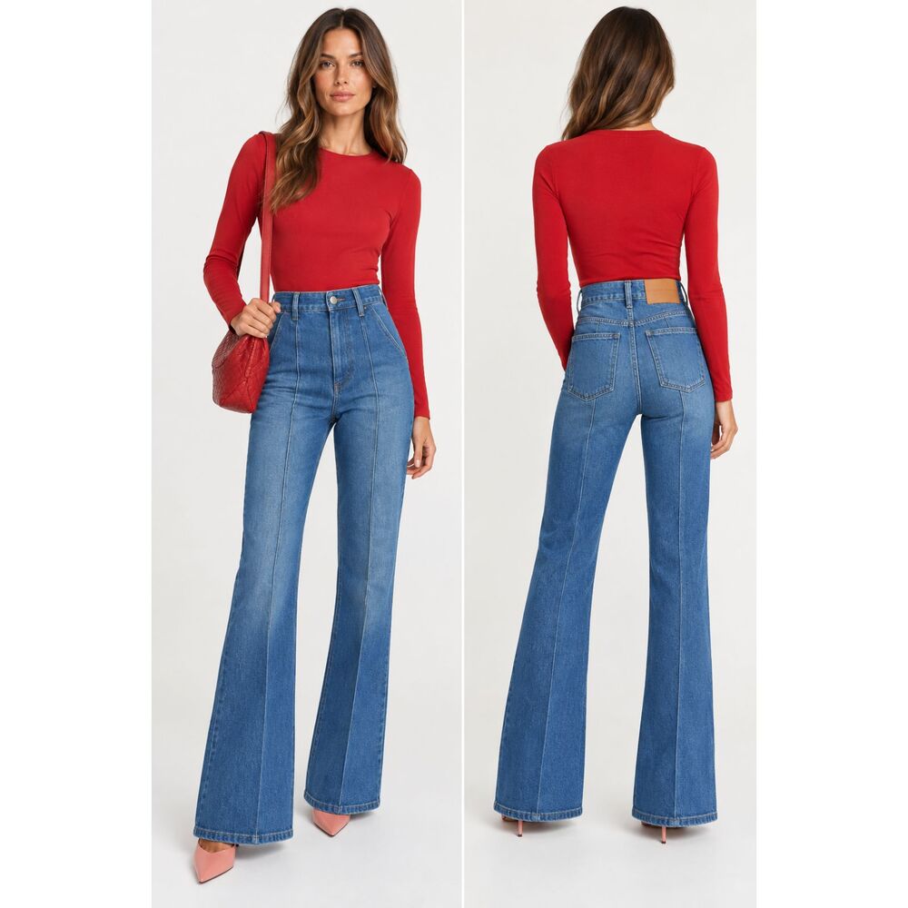 Victoria Beckham High Waist Kick Jean Brigitte Flared Sandwashed Indigo Sz 30R
